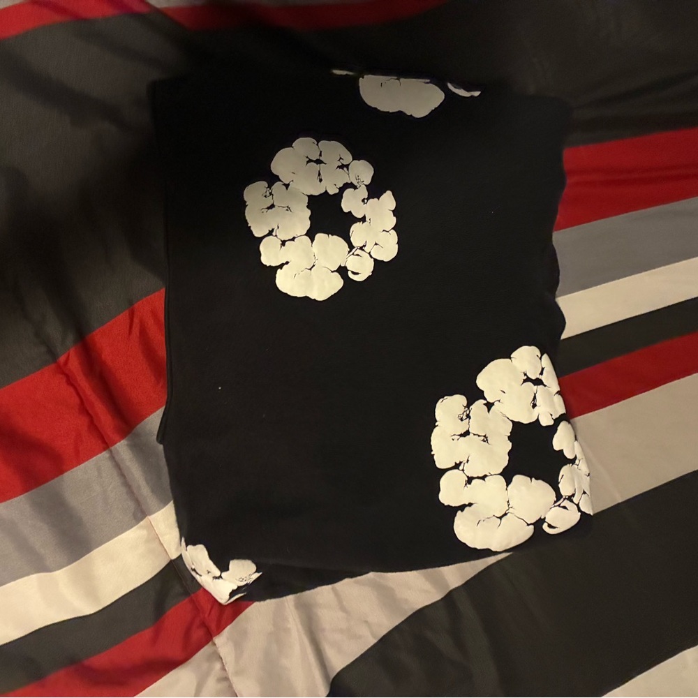 Men's Black Crewneck Sweater with White Floral Design